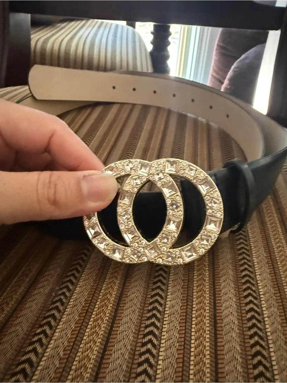 INC International Concepts Black Belt with Gold Crystal Triple-Ring Buckle